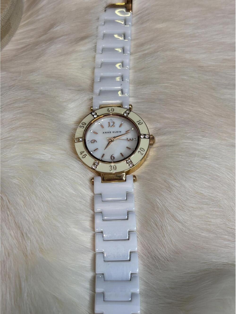 Anne Klein Women's White Ceramic and Gold-Tone Watch with Crystals